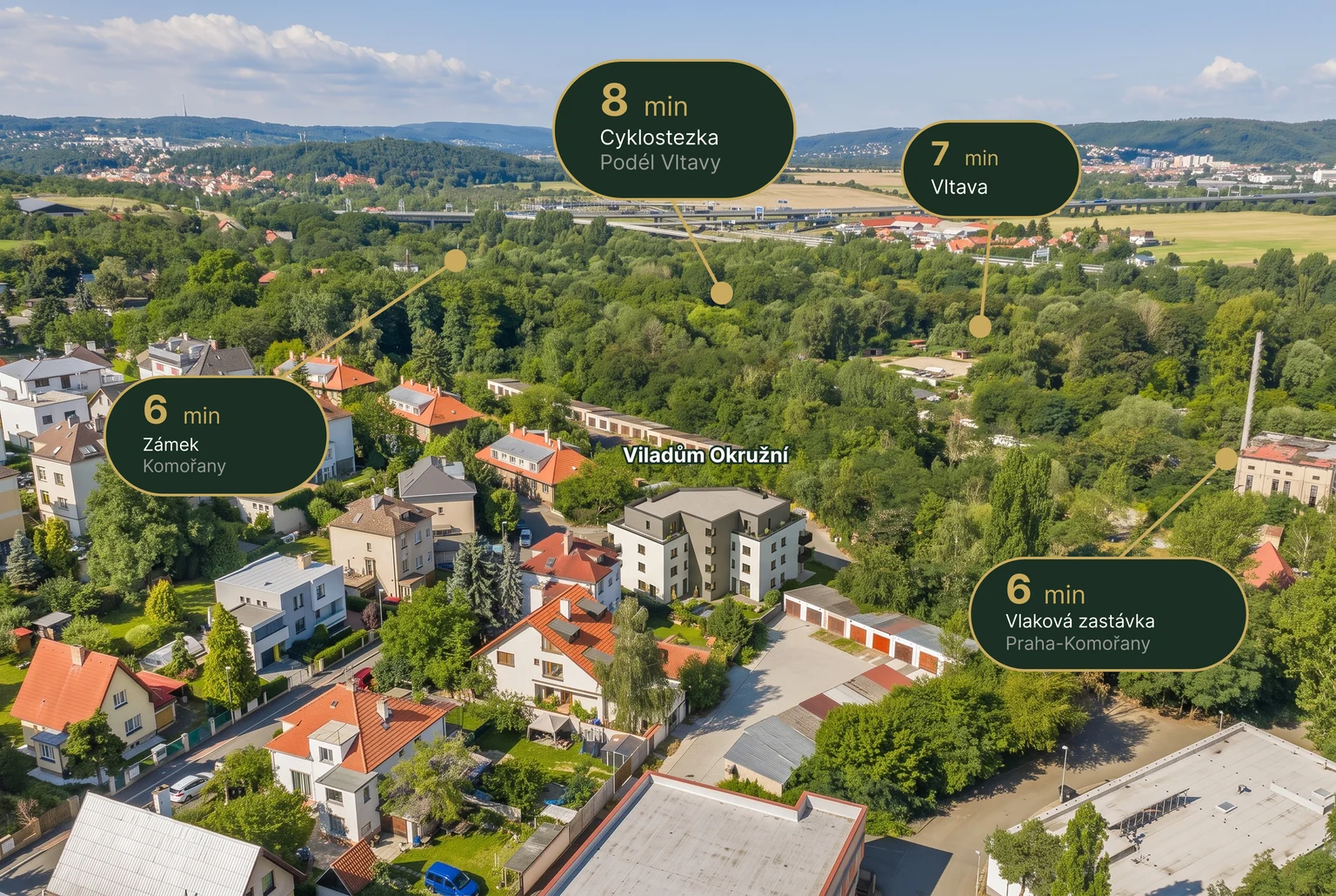 Letecký pohled na Viladům Okružní směrem k Vltavě, cyklostezce a zámku Komořany