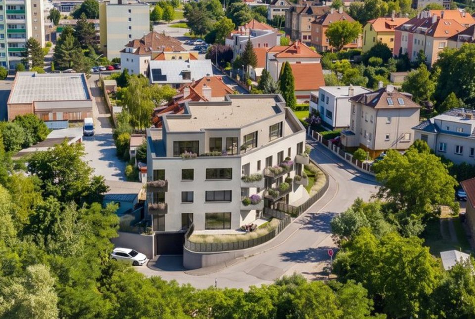 Letecký pohled na Viladům Okružní - moderní bílá budova nad zelení, řekou a okolní zástavbou